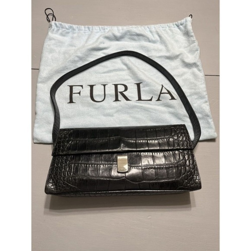 FURLA Vintage Croc Embossed Black Leather Shoulder / Hand Bag Medium